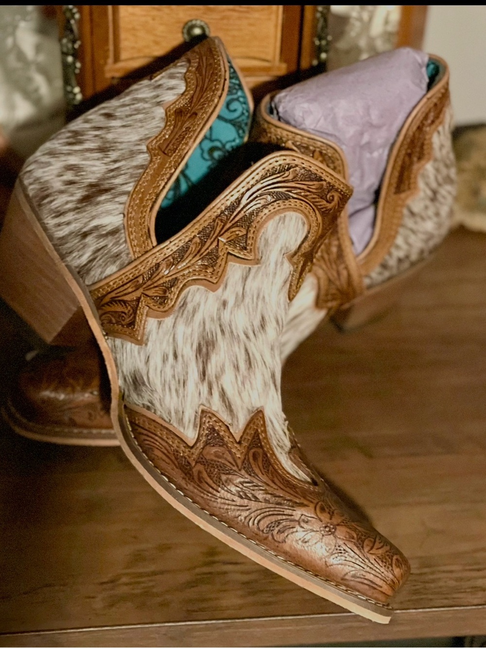 Women’s Myra Brown and White Haircalf Western Bootie the Frisco Falls